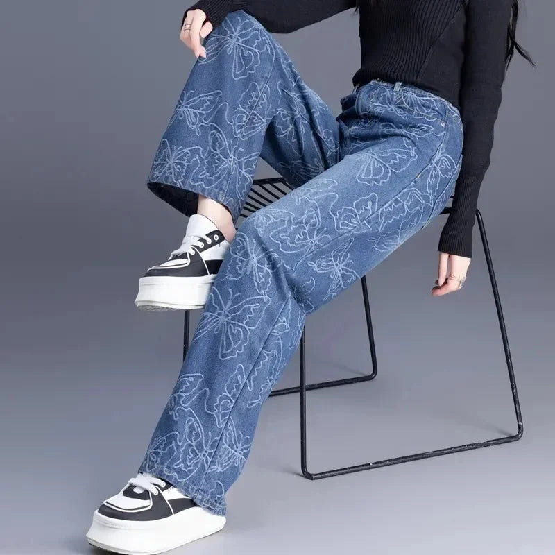 New Wide Leg Jeans Women Autumn High Waisted And Slim Casual All-match Jacquard Narrow Cut Straight Leg Pants Ladies Trouser